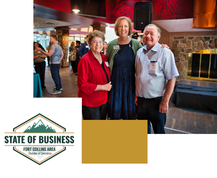 collage of group of people at an event and a logo that says State of Business