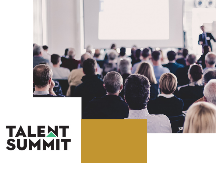 Collage of images, a lot of people at a conference, logo that reads Talent Summit