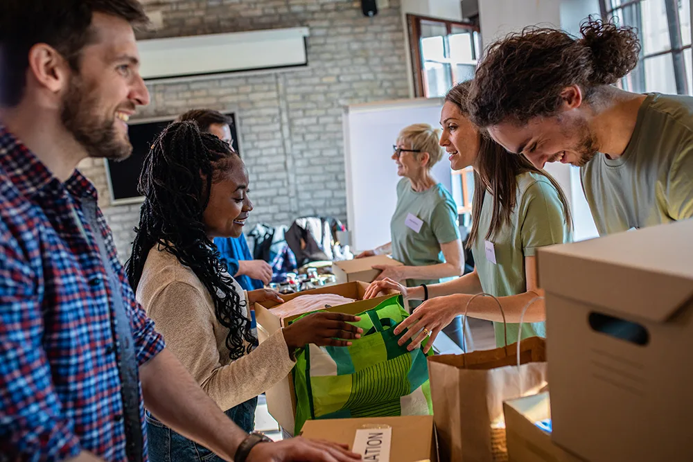 group of volunteers working at a food bank