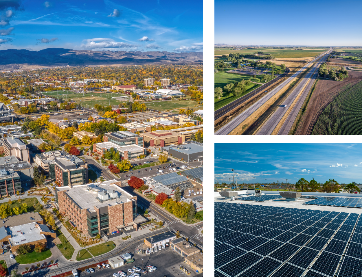 collage of images: aerial view of fort collins, interstate, solar panels