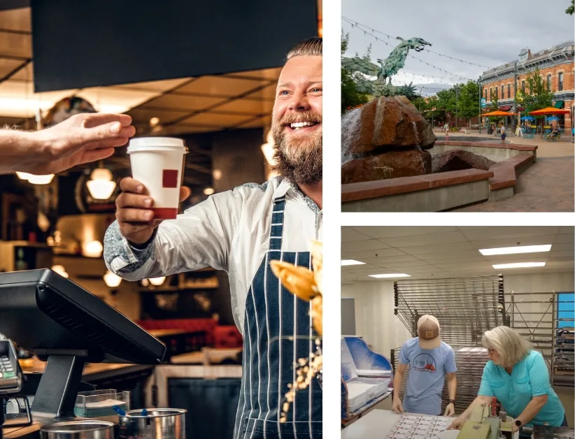 collage of images, buildings, person handing someone a coffee, people working in manufacturing