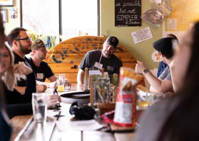 A group of people at table conversing