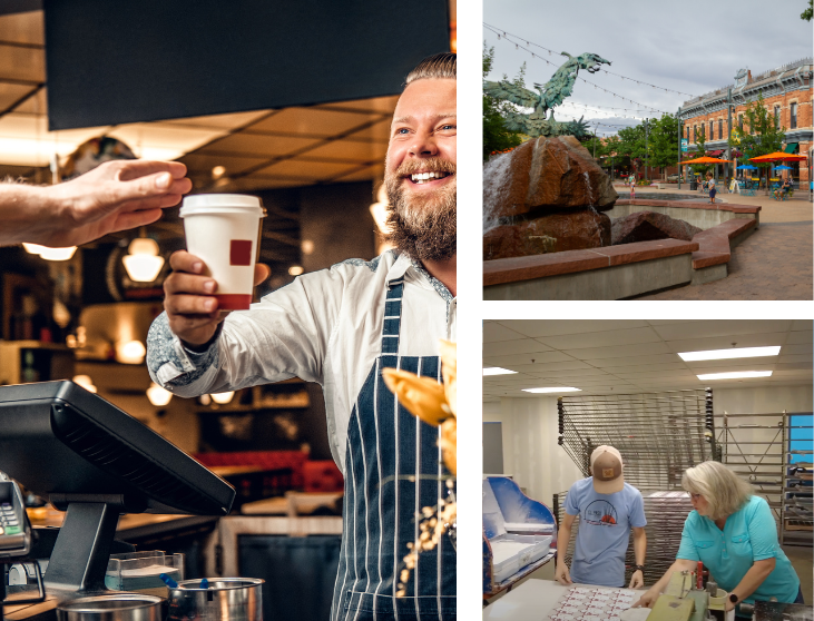 collage of images, downtown Fort Collins, person servicing coffee, people working in a manufacturing area