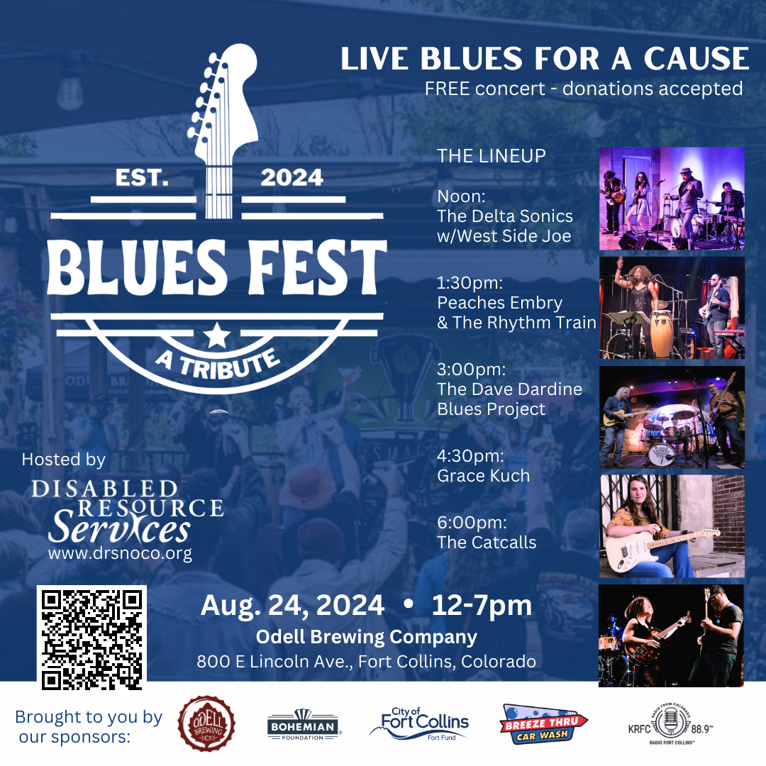 A promotional poster for "Blues Fest: A Tribute" on August 24, 2024, at Odell Brewing Company in Fort Collins, CO. Features band lineup, event details, QR code, and images of six bands. The festival benefits Disabled Resource Services.