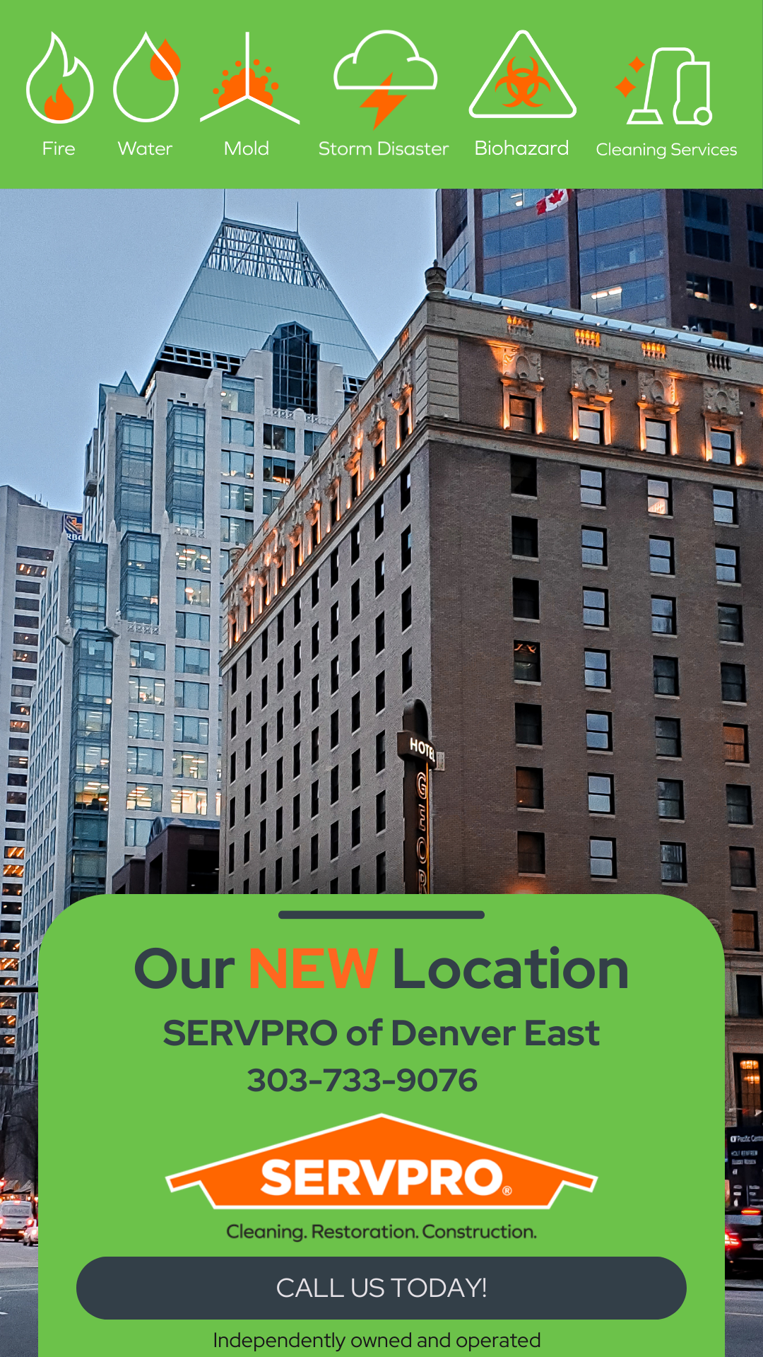 A promotional image announcing the new location of SERVPRO of Denver East. The image shows city buildings at dusk with the SERVPRO logo and contact number. Icons at the top indicate services including fire, water, mold, storm disaster, biohazard, and cleaning.