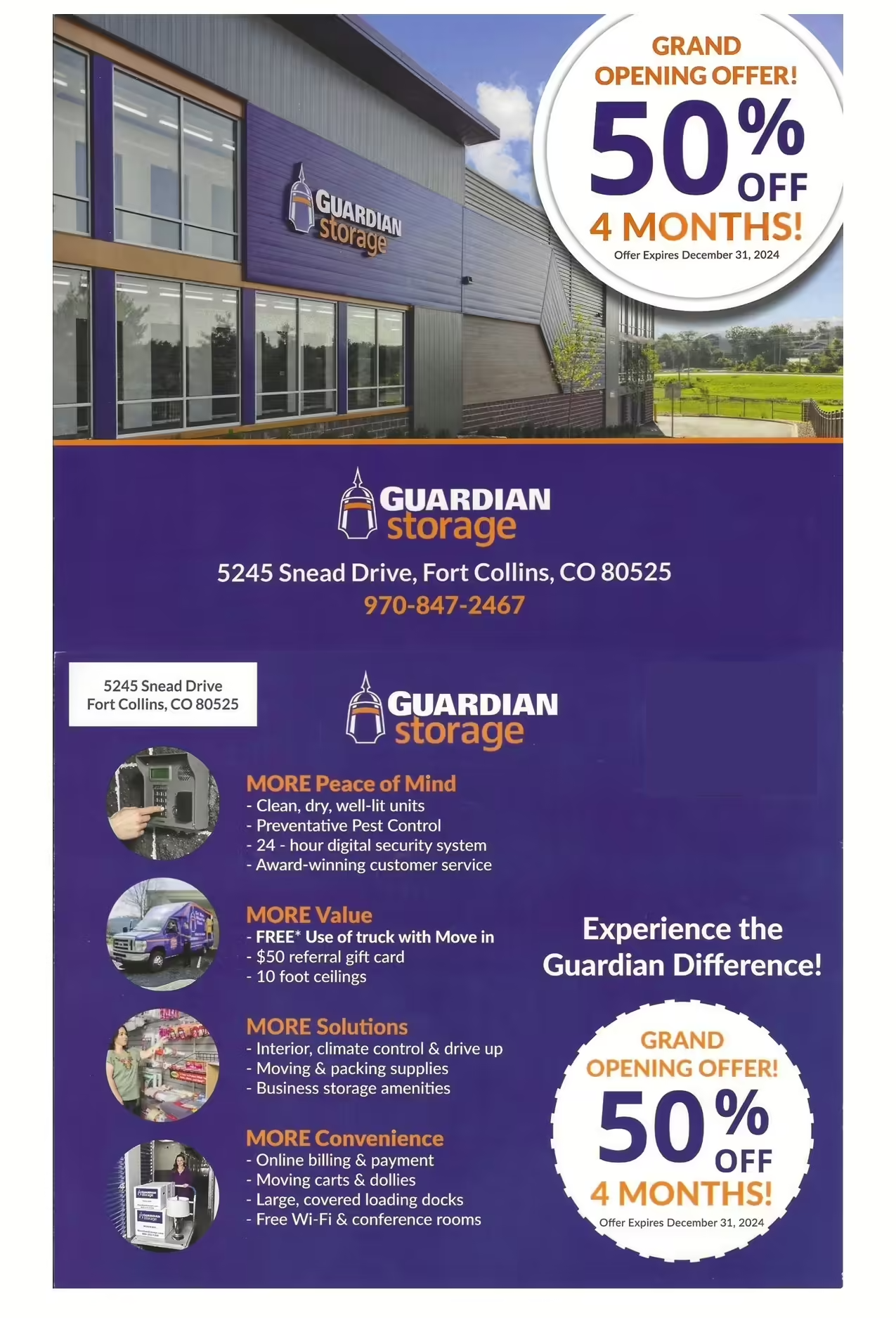 Flyer for Guardian Storage's grand opening. It offers 50% off for 4 months. The flyer has images of the facility, a map, and storage units. Services include 24-hour surveillance, pest control, moving van, and access. Located at 5245 Snead Drive, Fort Collins, CO.