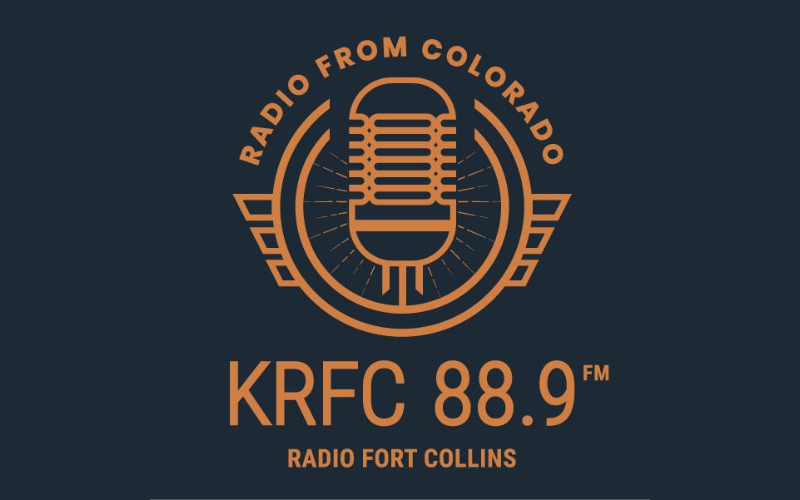 A dark blue background features an orange vintage microphone icon with text encircling it that reads "Radio From Colorado." Below the icon, the text says "KRFC 88.9 FM" and "Radio Fort Collins" in smaller print.