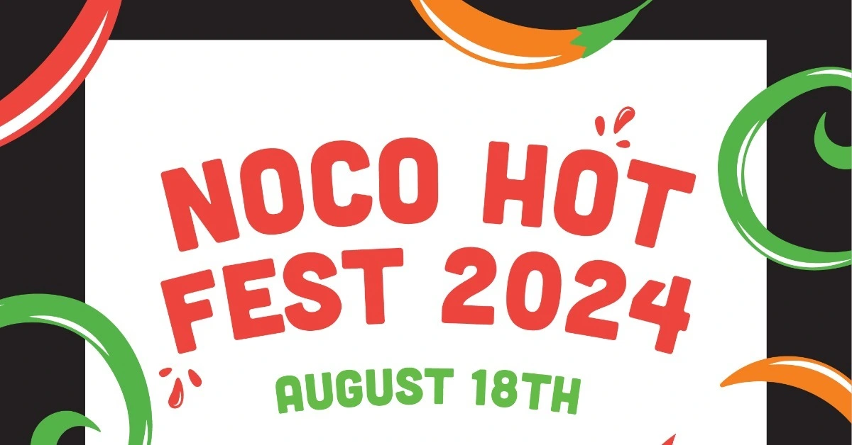 A colorful event flyer with red and green chili peppers surrounding bold red text saying "NoCo Hot Fest 2024." Beneath, in green text, it reads "August 18th." The design is vibrant and festive with a white background framed by a black border.