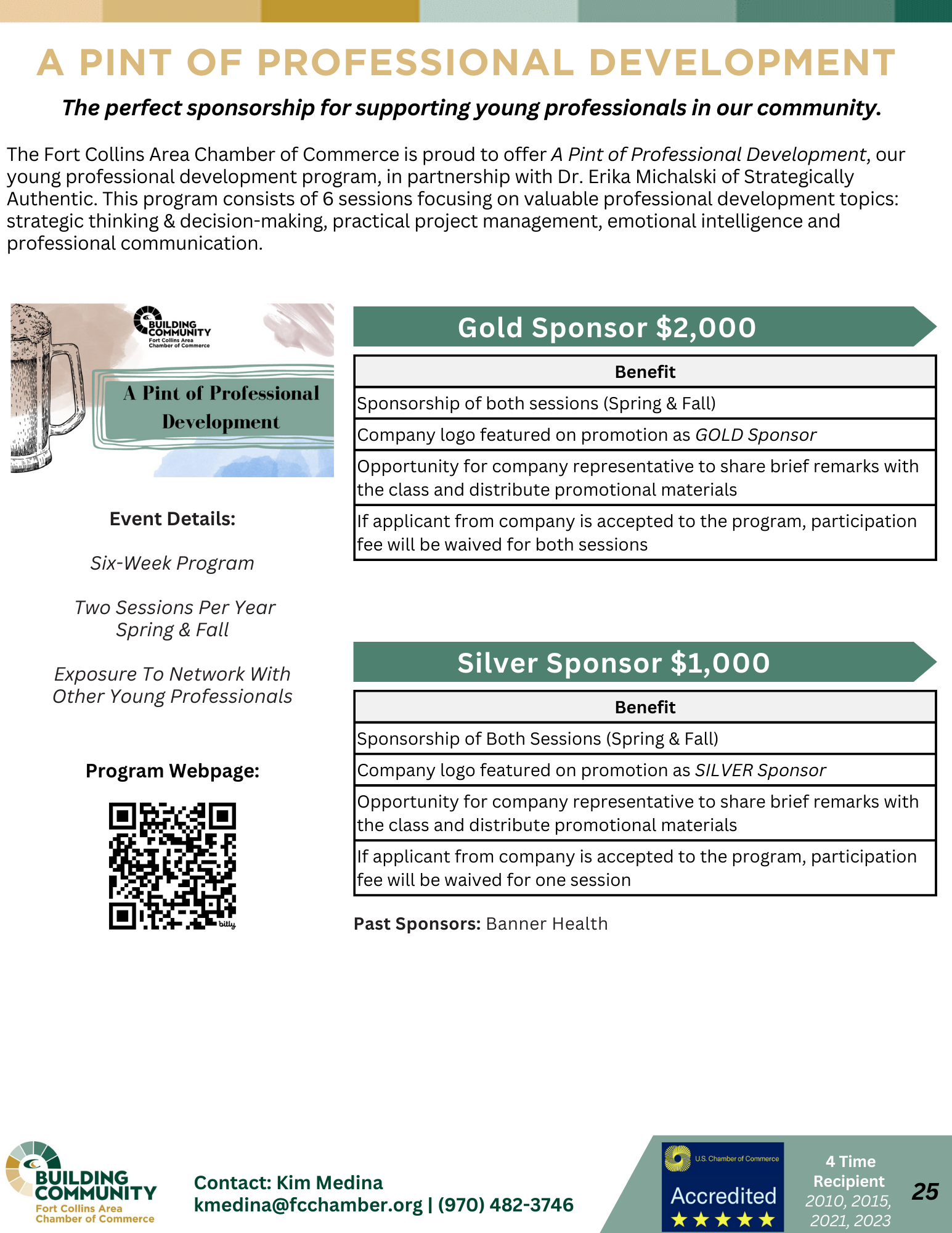 A flyer for "A Pint of Professional Development" program by the Fort Collins Area Chamber of Commerce. It describes benefits for Gold and Silver sponsors, program details, pricing, and past sponsor testimonials. Includes a photo of drinks and relevant logos.