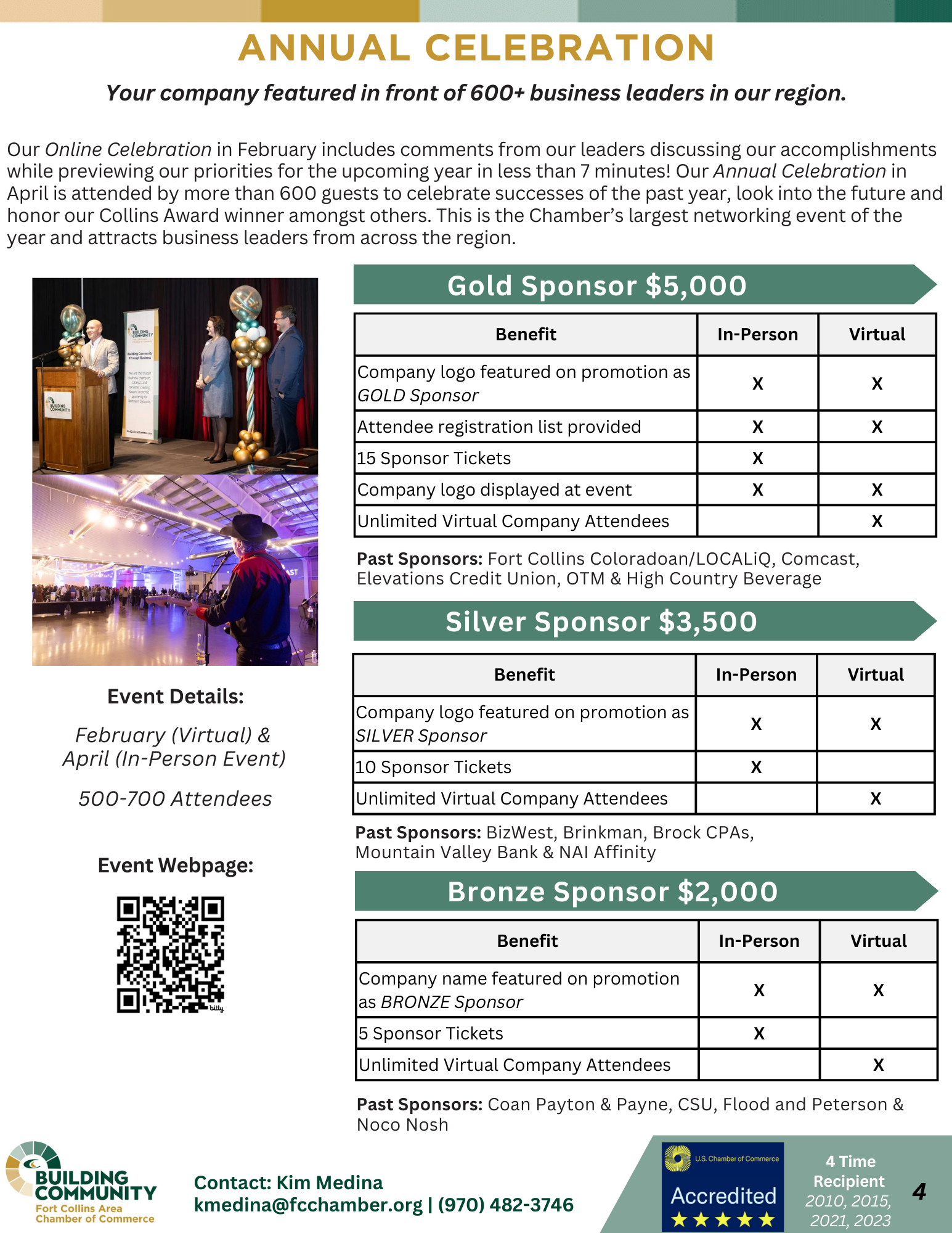 Image contains a flyer titled "ANNUAL CELEBRATION: Your company featured in front of 600+ business leaders in our region." The flyer details sponsorship levels and benefits for an event. Three tiers are Gold Sponsor ($5000), Silver Sponsor ($3500), and Bronze Sponsor ($2000) with lists of in-person and virtual benefits for each tier. Event date: February (Virtual) & April (In-person) at Hilton Hotel. Contact number at the bottom: 970-490-7026.