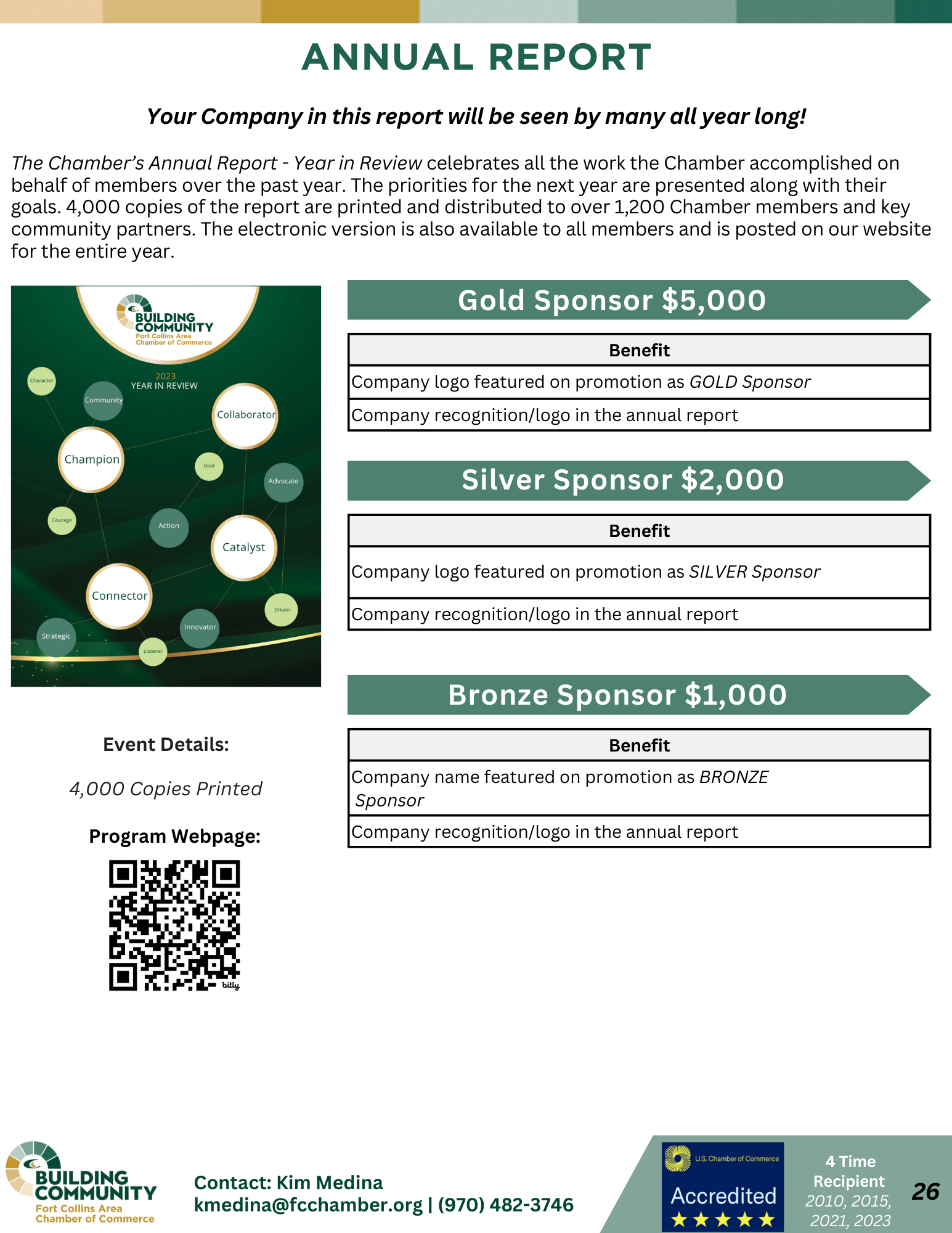 An annual report poster promoting sponsorship opportunities. It features the benefits for Gold, Silver, and Bronze sponsors, including company logos and recognition. The background shows a green color scheme and includes contact information at the bottom.