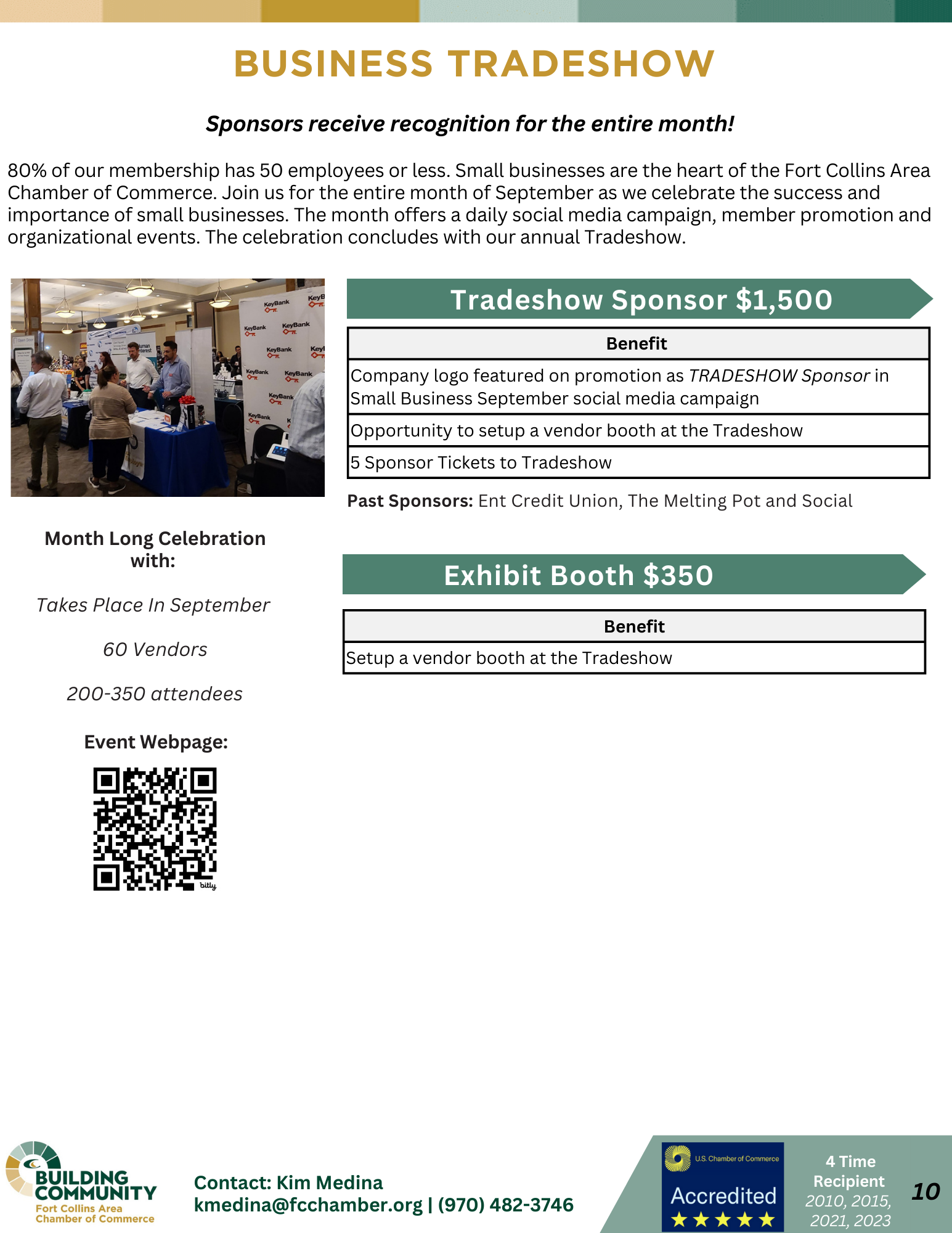 Flyer for a business tradeshow organized by the Fort Collins Area Chamber of Commerce. It details sponsorship opportunities, including a $1,500 Tradeshow Sponsor and a $350 Exhibit Booth, with benefits listed. Contact info is provided at the bottom.