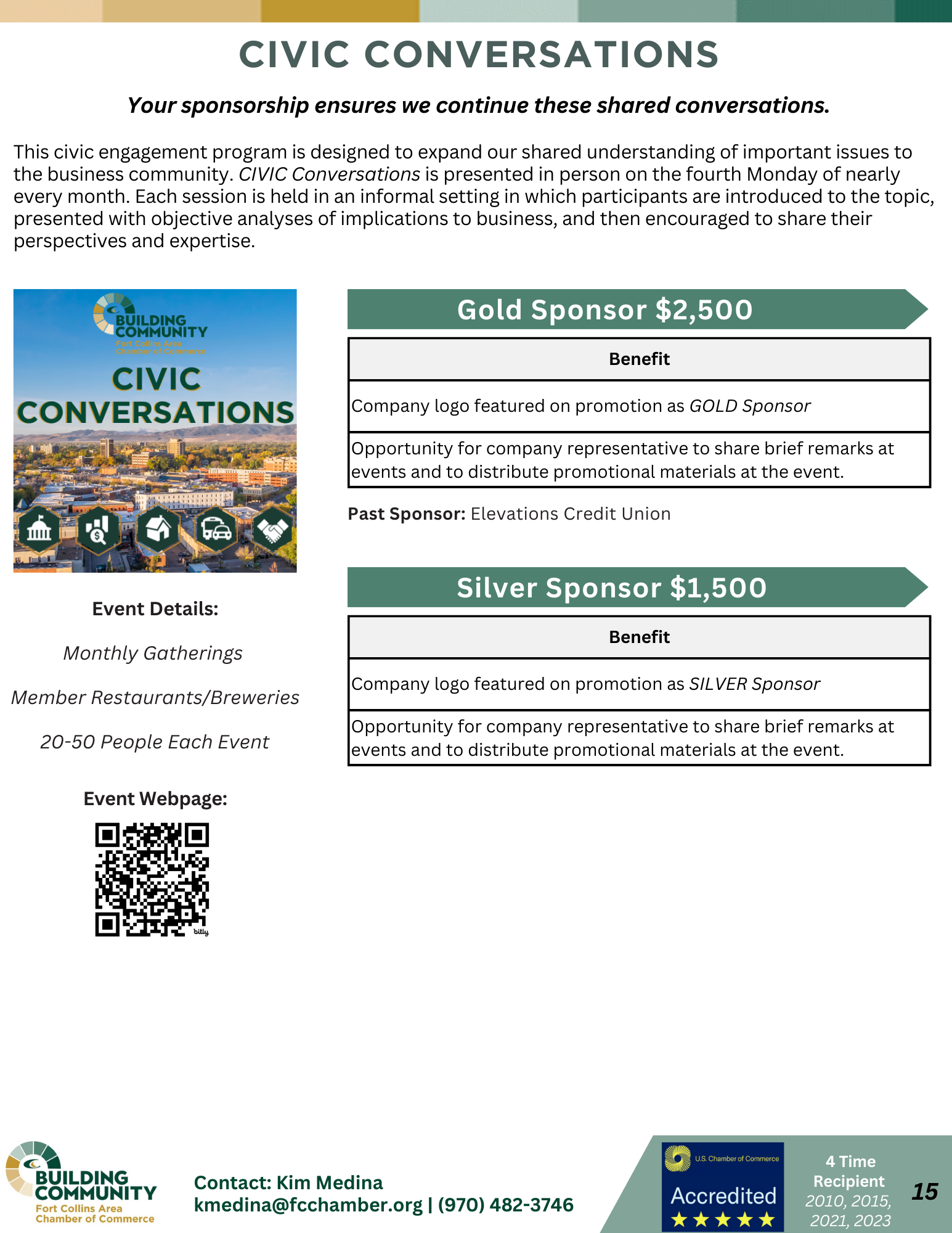 A flyer for "Civic Conversations," a community engagement program. Details monthly gatherings at member restaurants/breweries for 20-50 people. Offers Gold ($2,500) and Silver ($1,500) sponsorship levels with benefits like speaking opportunities and promotional materials.