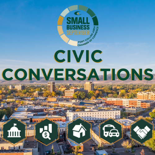 An aerial view of a cityscape with buildings and trees. The text "Small Business September, Fort Collins Area Chamber of Commerce" and "Civic Conversations" is overlaid. Five icons at the bottom represent different civic themes, including government, economics, and housing.