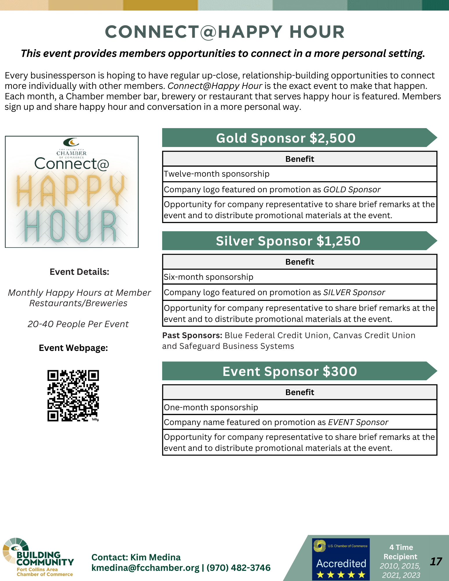 A flyer for an event called "Connect@Happy Hour" by the Chamber, offering networking opportunities. Sponsorship levels include Gold for $2,500, Silver for $1,250, and Event for $500. Contact information and event details are provided at the bottom.