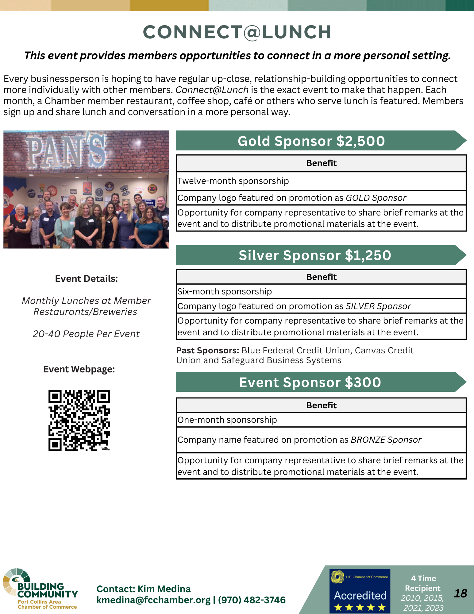 Flyer for "Connect@Lunch," offering business sponsorships at gold ($2,500), silver ($1,250), and bronze ($500) levels with various promotional benefits. Monthly lunches at member restaurants/breweries. Contact details provided at the bottom.