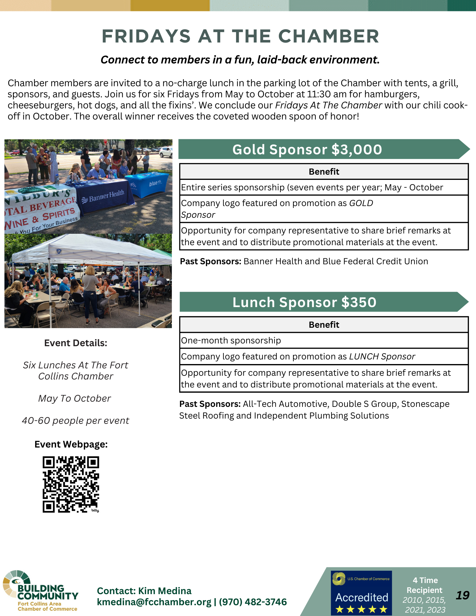 A flyer for "Fridays at the Chamber," an outdoor luncheon event held monthly from May to October at the Fort Collins Chamber. Sponsorship levels are Gold ($3,000) and Lunch Sponsor ($350), offering various promotional benefits. Contact details provided at the bottom.