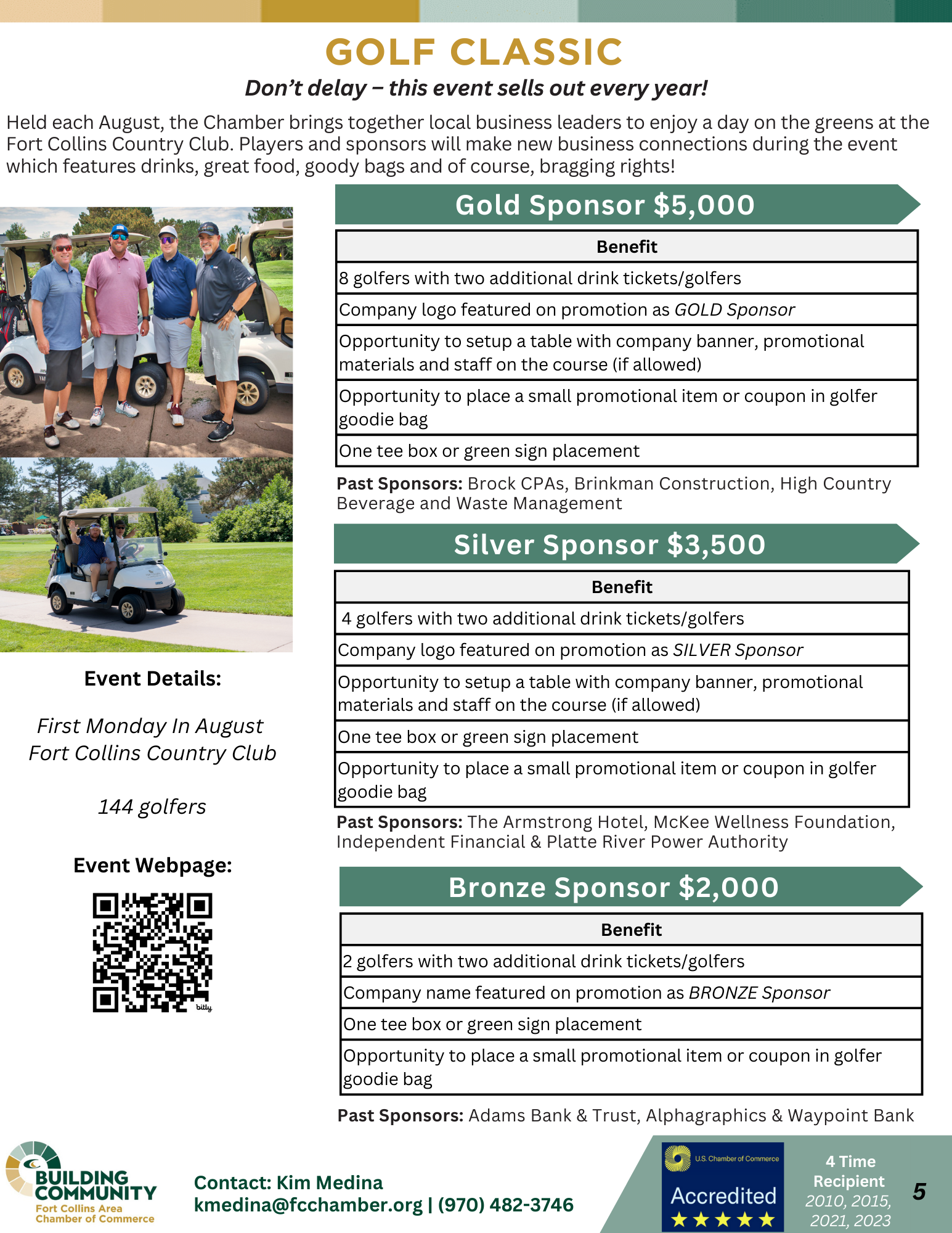 Flyer advertising a Golf Classic event. Highlights include Gold and Silver sponsorship packages, benefits, and event details. Gold Sponsorship starts at $5,000 and Silver at $3,500. Event details: First Monday in August, 4 PM at Fort Collins Country Club. Contact info provided.