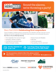 A flyer promoting Hero Fest 2024 at the Front Range Village Shopping Center, Fort Collins, celebrating first responders on Saturday, September 28 from 10 AM to 2 PM. Activities include kids zones, bouncy house, carnival-style games, and food trucks.