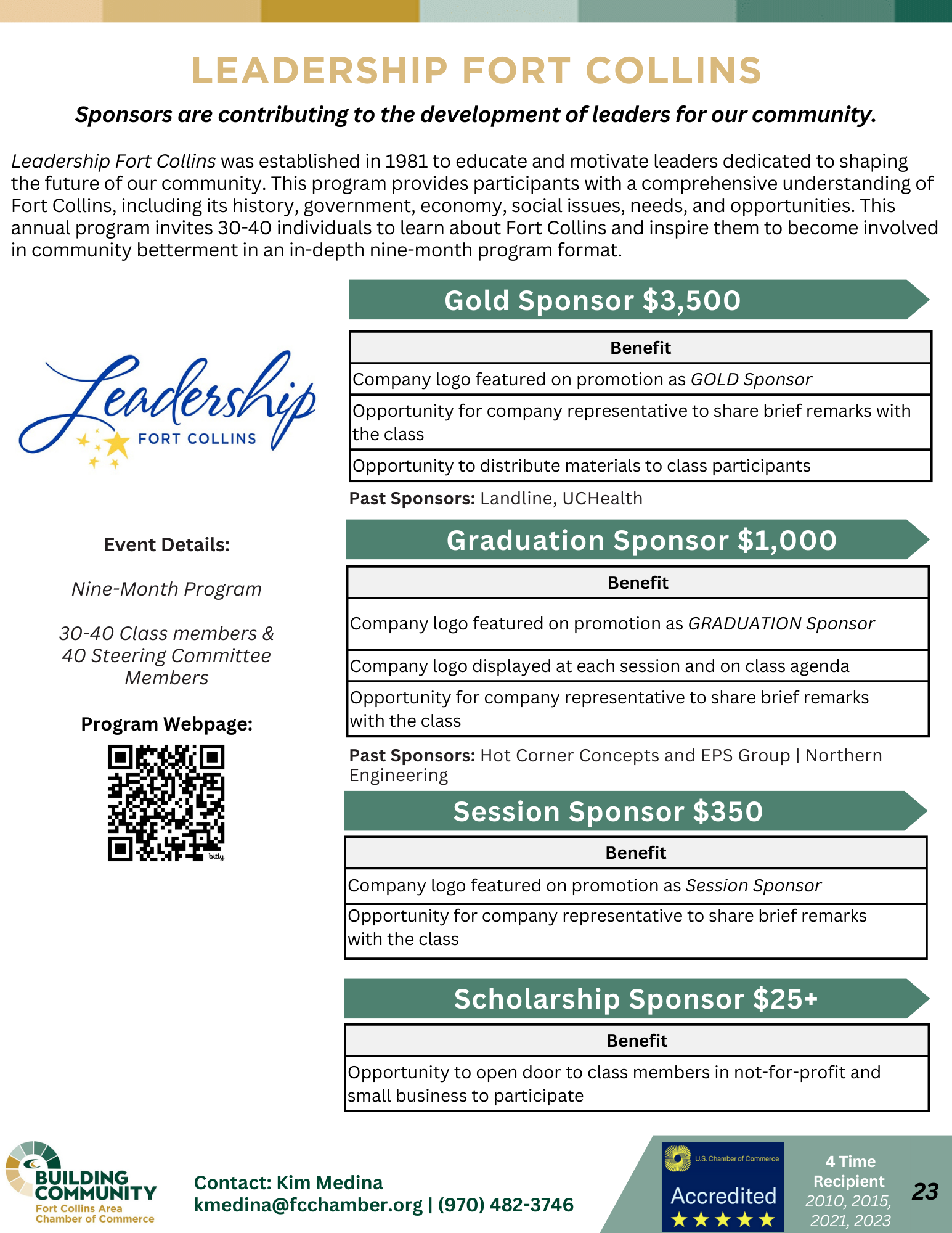 An infographic detailing sponsorship opportunities for 'Leadership Fort Collins.' It includes sponsorship levels: Gold Sponsor ($3,500), Graduation Sponsor ($1,000), and Scholarship ($25+). Each level lists associated benefits. Contact details are provided at the bottom.