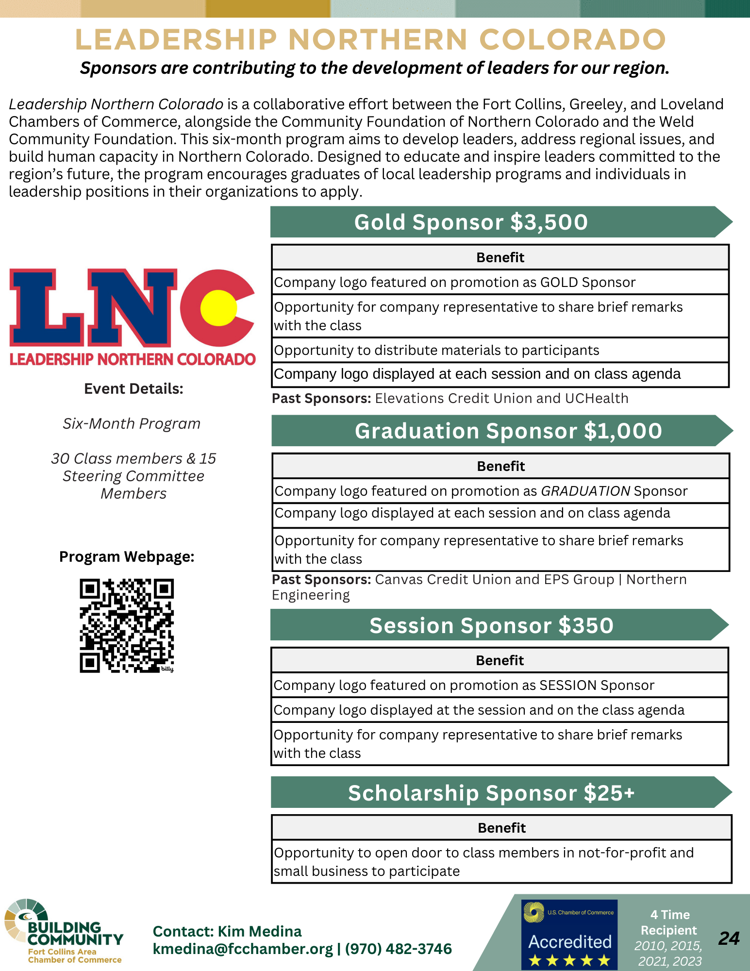 Informational flyer for Leadership Northern Colorado, offering sponsorships to support regional leadership development. Includes various sponsorship levels: Gold Sponsor ($3,500), Graduation Sponsor ($1,000), and Scholarship Sponsor ($25+), with respective benefits.