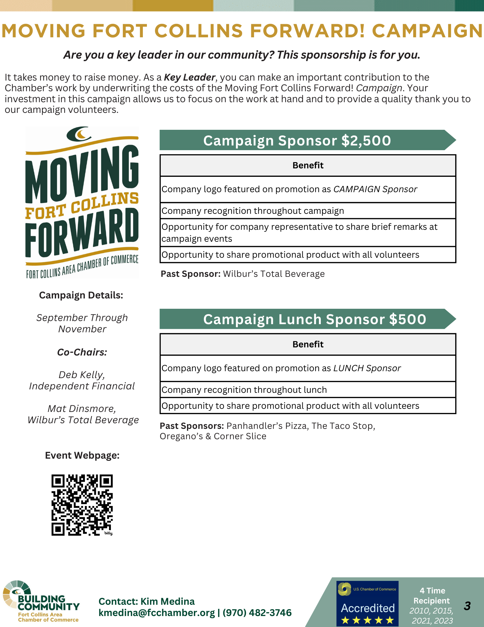 Promotional flyer for the "Moving Fort Collins Forward!" campaign by the Fort Collins Area Chamber of Commerce. Details sponsorship levels ($2,500 and $500) and their benefits. Lists campaign co-chairs and lunch sponsors, with contact and event information.