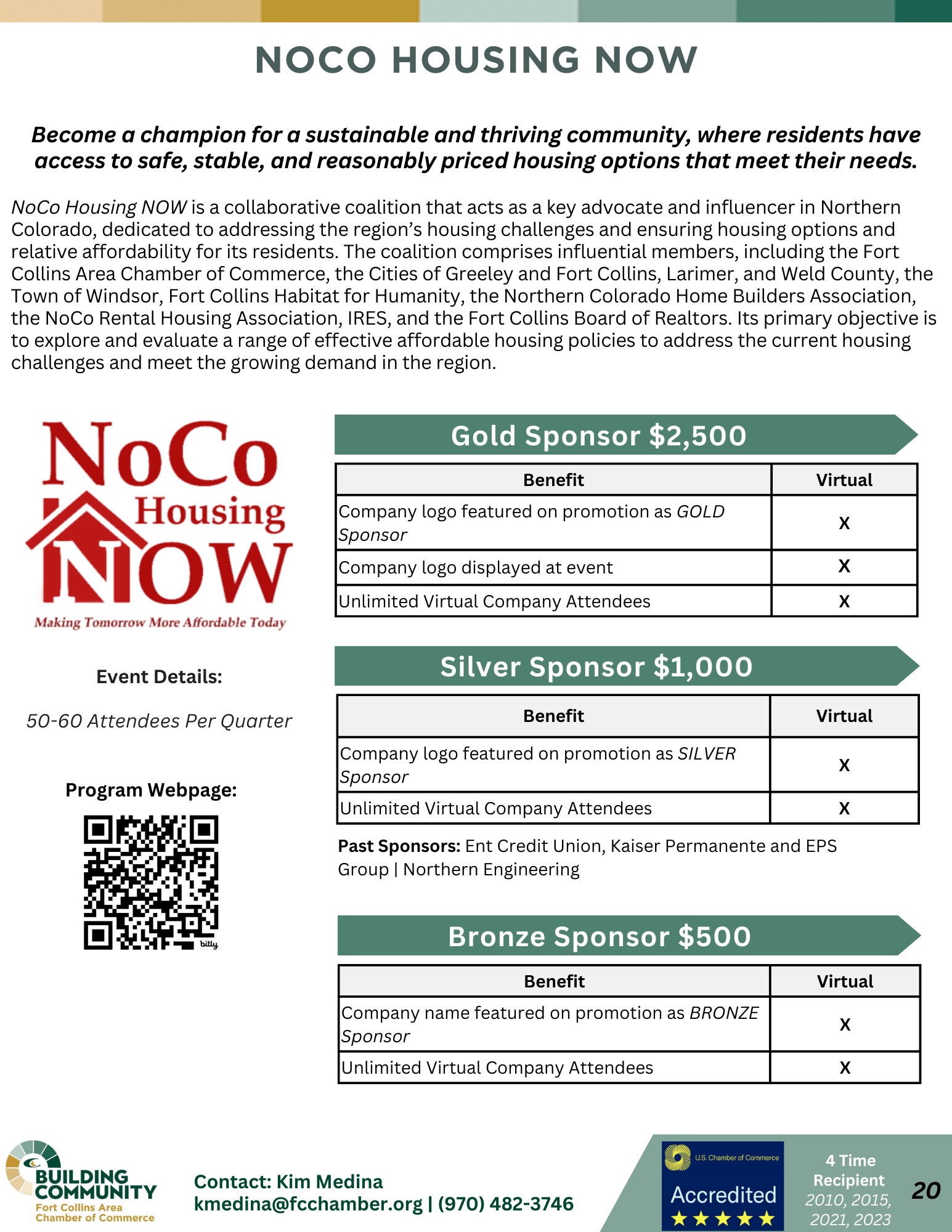 A flyer for NoCo Housing NOW, detailing sponsorship levels and benefits. The flyer outlines Gold and Bronze sponsorship options at $2,500 and $1,000 respectively, with benefits including logo display and event recognition.