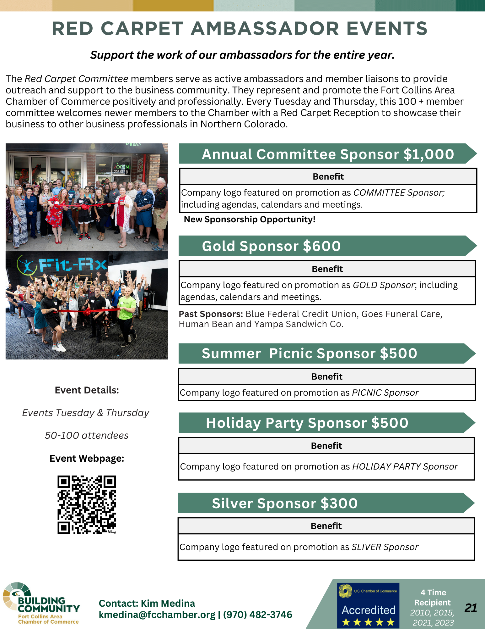 A flyer titled "Red Carpet Ambassador Events" providing sponsorship details for Fort Collins Area Chamber. Features benefits, sponsor levels (Annual: $1,000, Gold: $600, Silver: $300), event details, and a contact section. Includes a group image and logos.