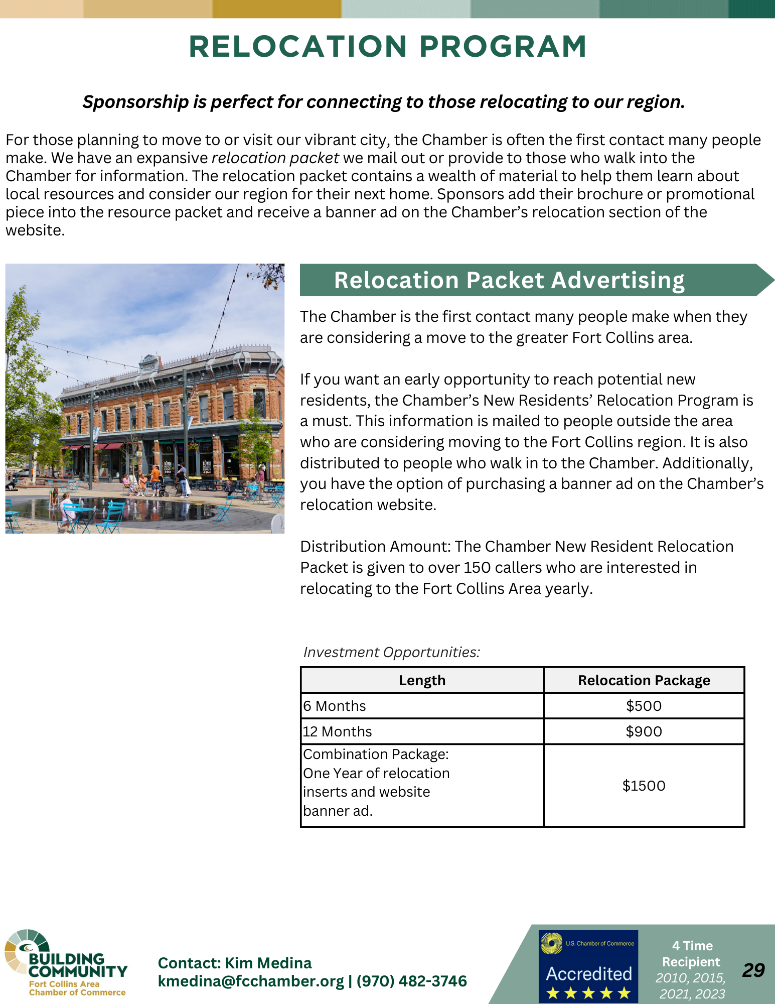 A flyer promoting the Chamber's Relocation Program. It invites businesses to advertise in the relocation packet provided to people moving to the area. Advertising rates range from $500 to $1500. Includes contact details and an example image of the packet.