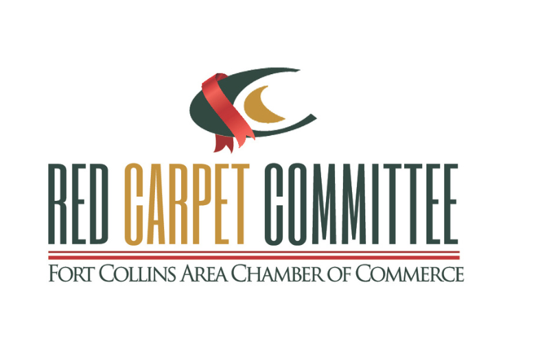 Logo of the Red Carpet Committee, a division of the Fort Collins Area Chamber of Commerce. The design features a stylized green and gold circular element with a red ribbon, above the committee name in bold letters.