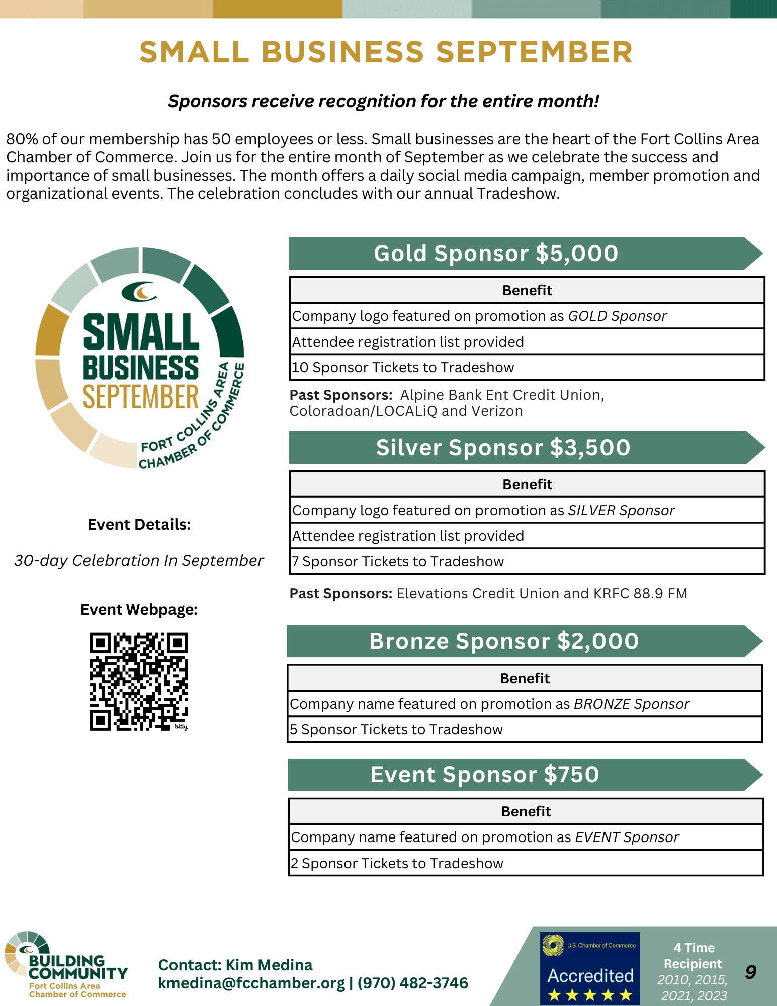 An informative flyer for "Small Business September" from the Fort Collins Area Chamber of Commerce, detailing sponsorship opportunities and benefits. Sponsorship levels are Gold ($5,000), Silver ($2,500), Bronze ($1,500), and Event ($750), with various promotional benefits. Contact info included.