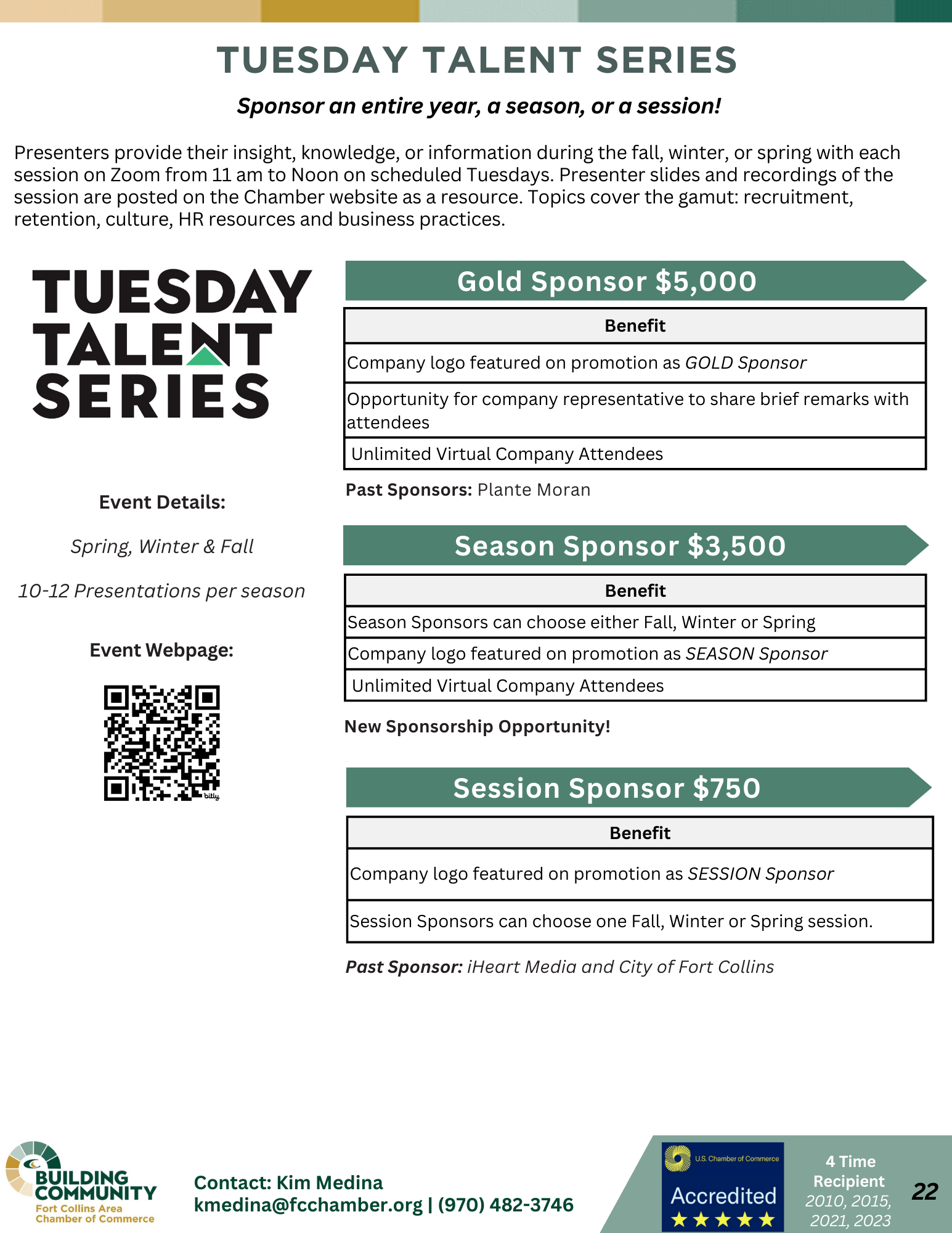 A flyer for the Tuesday Talent Series sponsorship opportunities. It details three levels: Gold Sponsor for $5,000, Season Sponsor for $3,500, and Monthly Sponsor for $750. Benefits include logo placement, speaking opportunities, and webinar attendance. Contact information is provided.