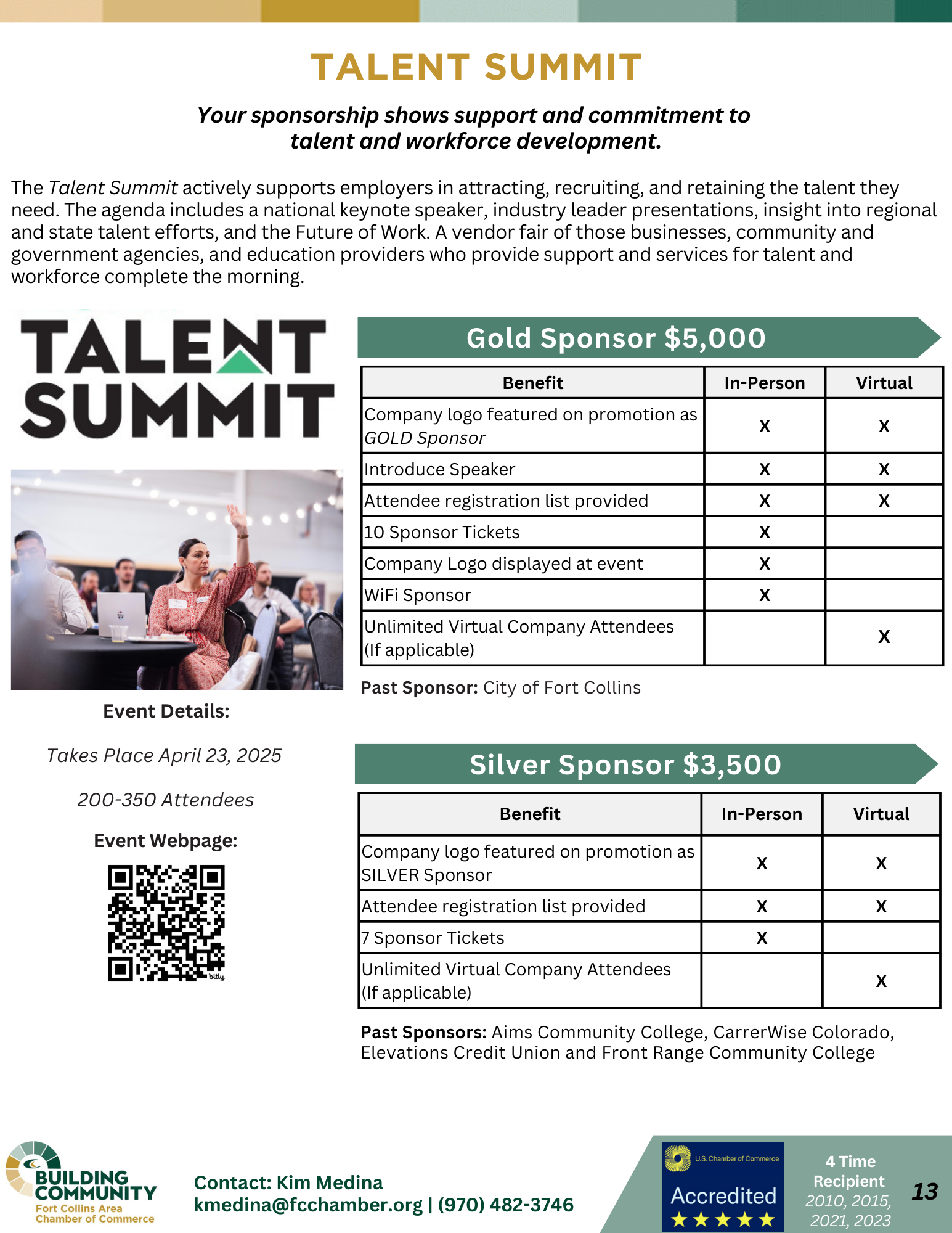 Flyer for a Talent Summit detailing sponsorship opportunities. Includes event date, April 23, 2025, and lists sponsor benefits for gold ($5,000) and silver ($3,500) tiers. Features include name/logo display, keynote speaker, and a QR code for more info.