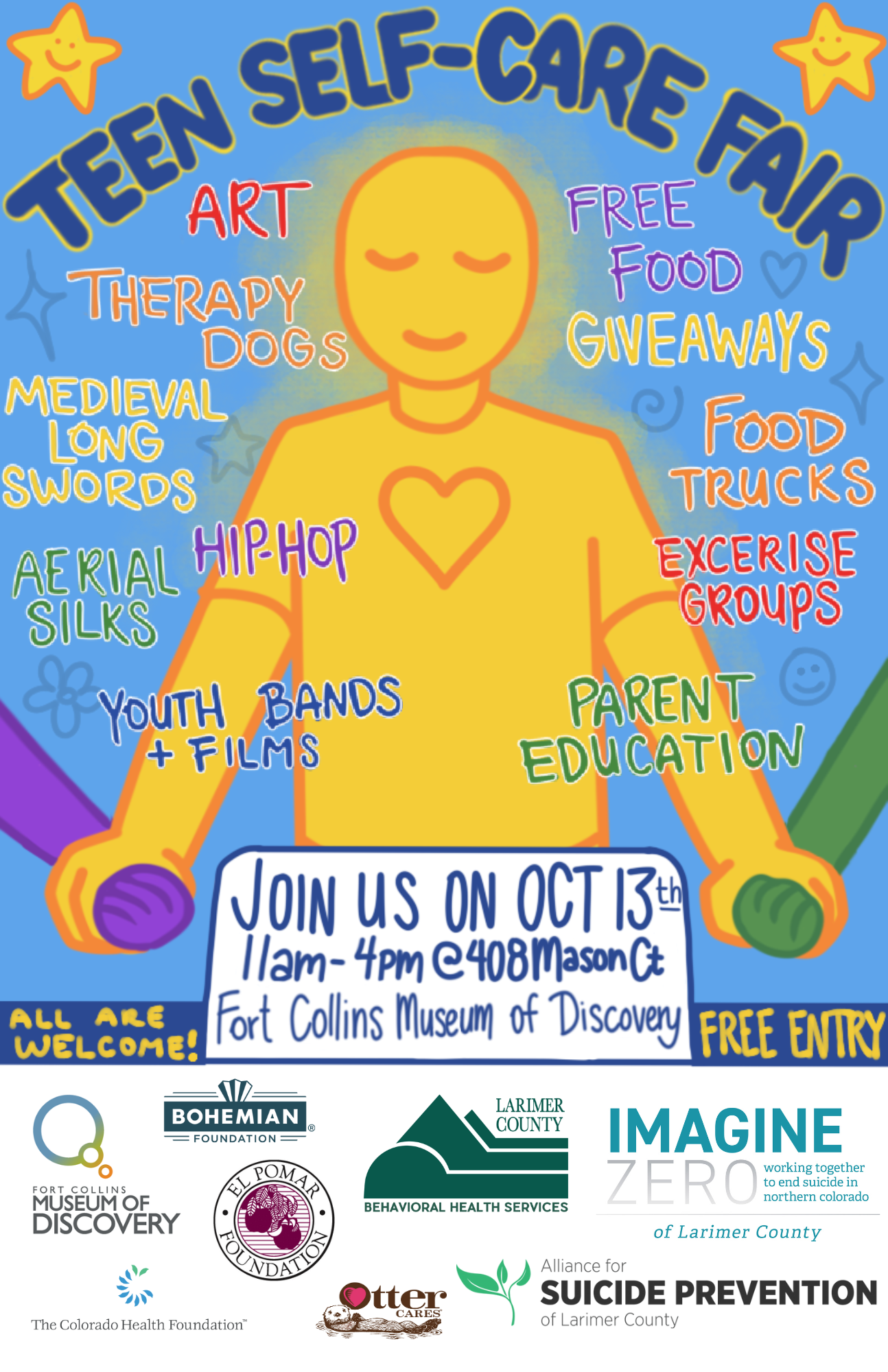 Colorful flyer for the Teen Self-Care Fair at Fort Collins Museum of Discovery on October 13 from 11 am to 4 pm. Activities include art, therapy dogs, medieval long swords, aerial silks, hip-hop, youth bands and films, food giveaways, and parent education. Free entry.