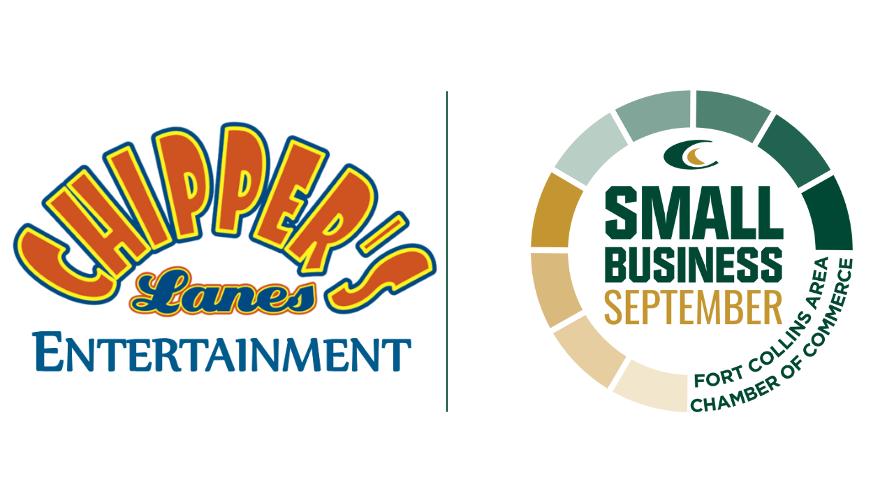 A logo split into two parts. The left side features "Chipper's Lanes Entertainment" with a playful and colorful design. The right side showcases a circular graphic with "Small Business September Fort Collins Area Chamber of Commerce" in green and tan hues.