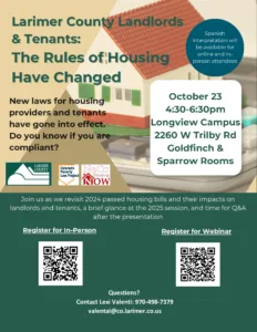 Flyer for Larimer County Landlords & Tenants event on housing rule changes. Includes event details for October 23, 4:30-6:30 PM at Longview Campus in Fort Collins, with options to register in-person or for a webinar. Spanish interpretation available.