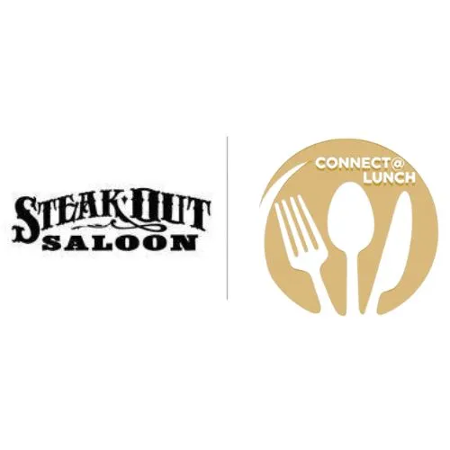 Logo featuring "Steak Hut Saloon" in stylized black text on the left, and a gold circle on the right with a white fork, knife, and spoon, accompanied by the text "Connect@Lunch.