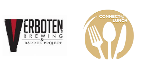 Logos for Verboten Brewing & Barrel Project on the left and Connect @ Lunch on the right. The Verboten logo features bold text, while the Connect @ Lunch logo includes a fork, knife, and spoon inside a circle.