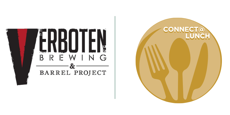 Logos for Verboten Brewing & Barrel Project on the left, featuring bold text, and Connect@Lunch on the right, displaying a fork, knife, and spoon on a golden circle background.