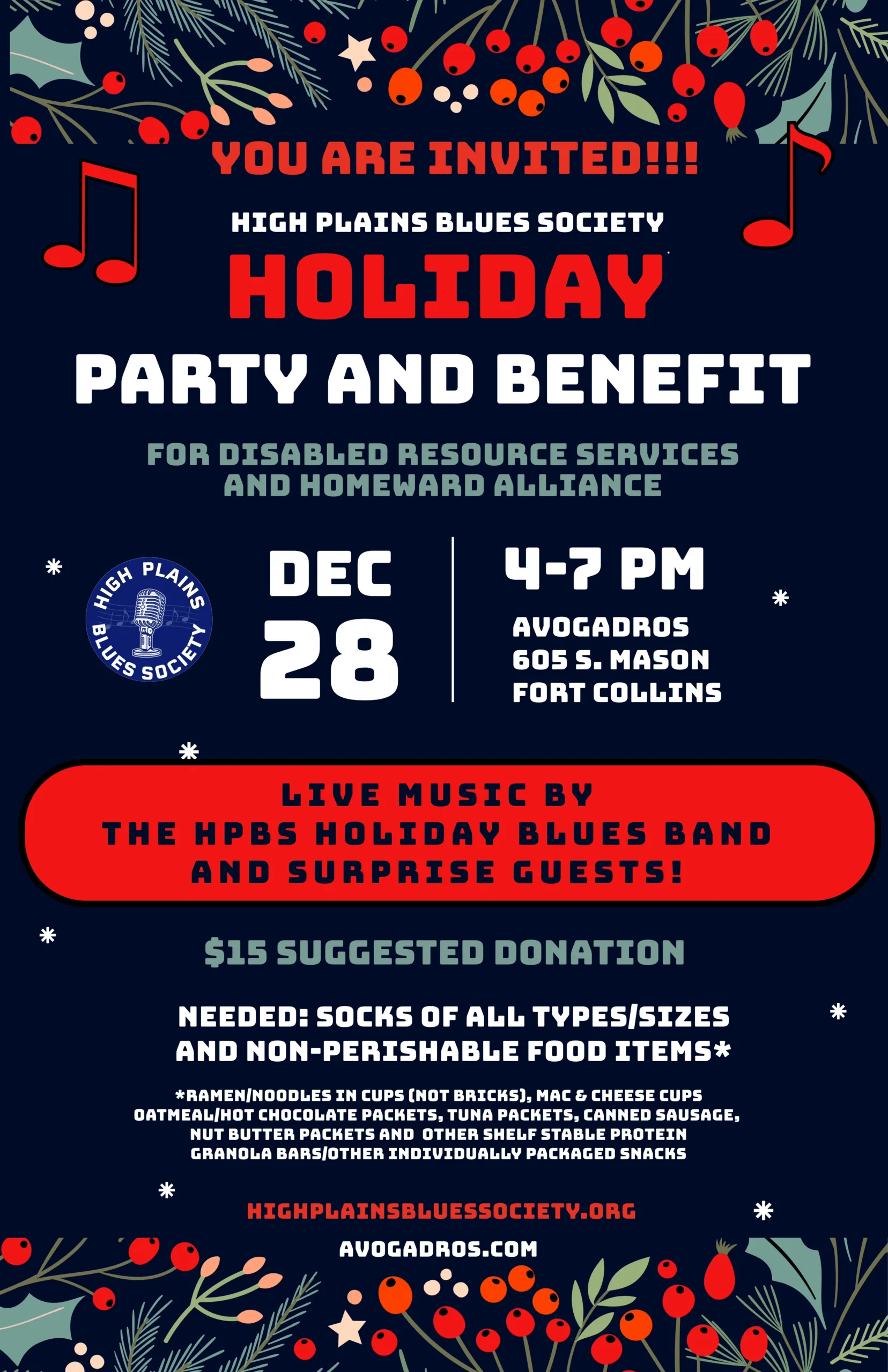 Festive holiday invitation poster for the High Plains Blues Society's party and benefit event on December 28, from 4-7 PM at Avogadro's, Fort Collins. Includes live music, a $15 suggested donation, and requests for socks and food item donations.