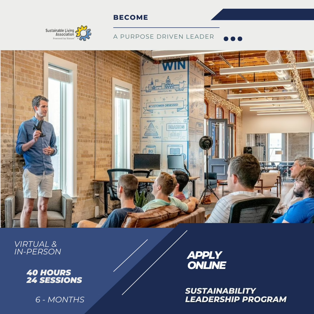 A speaker presents to a group in a brightly lit room with brick walls and a motivational mural. Text highlights a sustainability leadership program offering 40 hours and 24 sessions over 6 months, available virtually and in-person.