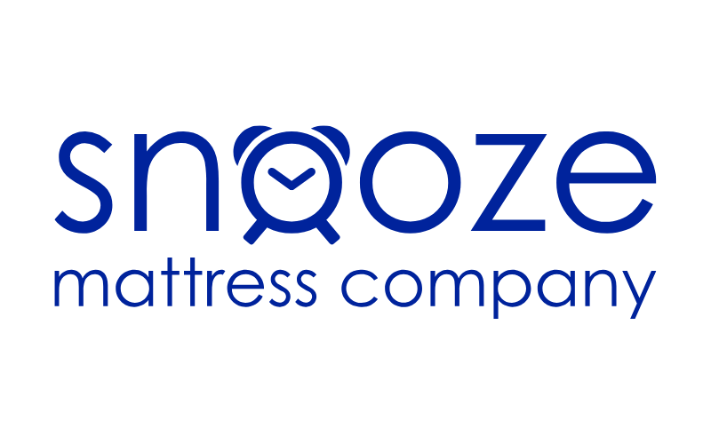 Logo for Snooze Mattress Company. The word "snooze" is written in lowercase blue letters, with an alarm clock icon used as the "o." The phrase "mattress company" is in smaller blue letters beneath "snooze.