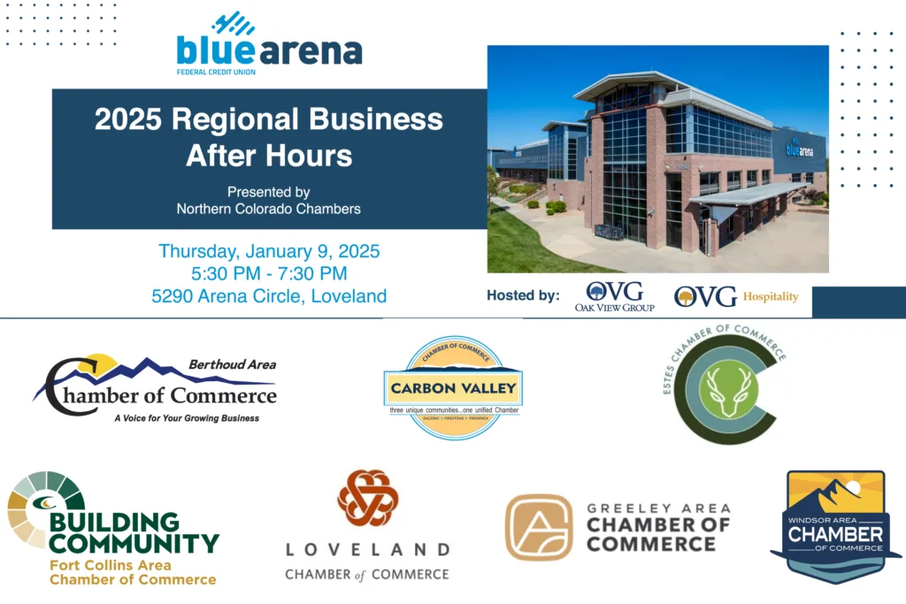 Promotional flyer for the 2025 Regional Business After Hours event, hosted by Oak View Group and OVG Hospitality. Date: January 9, 2025, 5:30 PM - 7:30 PM. Location: 5290 Arena Circle, Loveland. Logos of various chambers of commerce are featured.