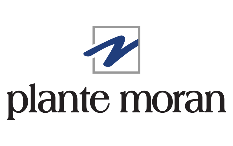 Logo of Plante Moran featuring a stylized blue "M" inside a gray square above the text "plante moran" in lowercase black letters.