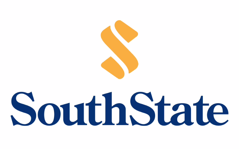 SouthState logo with a stylized yellow "S" above the word "SouthState" written in bold, dark blue text on a white background.