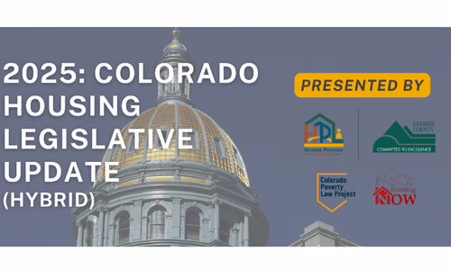 A graphic with "2025: Colorado Housing Legislative Update (Hybrid)" in bold text over the Colorado State Capitol dome. To the right are logos of sponsoring organizations and a "Presented By" label in an orange box.