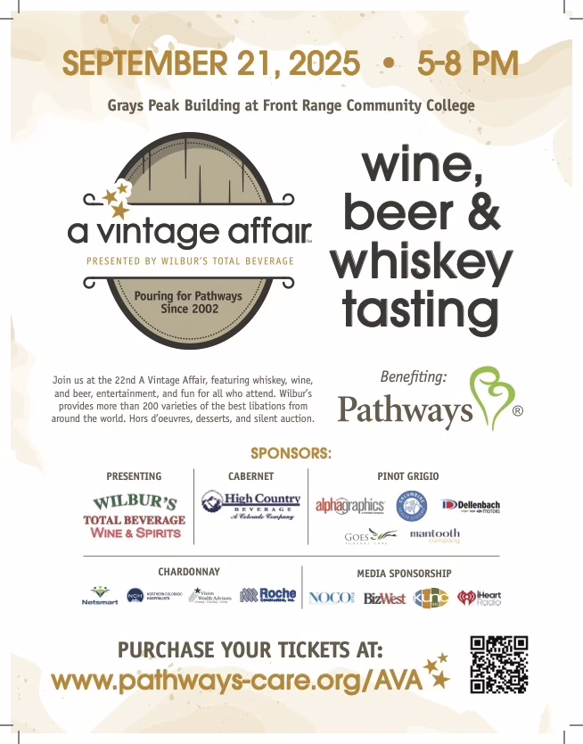 Event flyer for "A Vintage Affair" wine, beer & whiskey tasting on Sept 21, 2025, 5-8 PM at Grays Peak Building, benefiting Pathways. Features sponsor logos and ticket info at pathways-care.org/AVA.