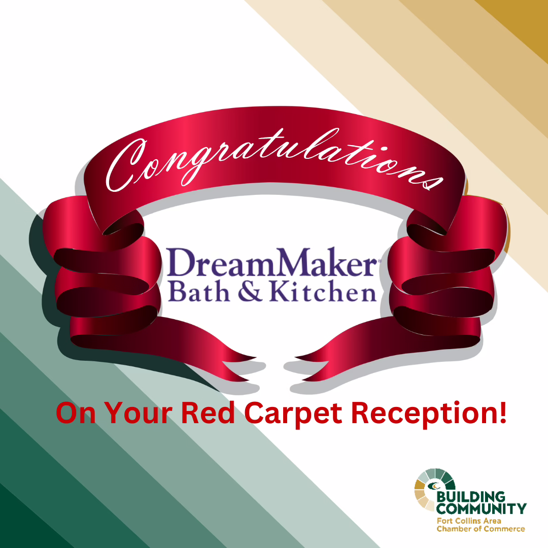 A red ribbon with "Congratulations" above the DreamMaker Bath & Kitchen logo. Below, red text says "On Your Red Carpet Reception!" Chamber of Commerce logo is in the bottom right corner.