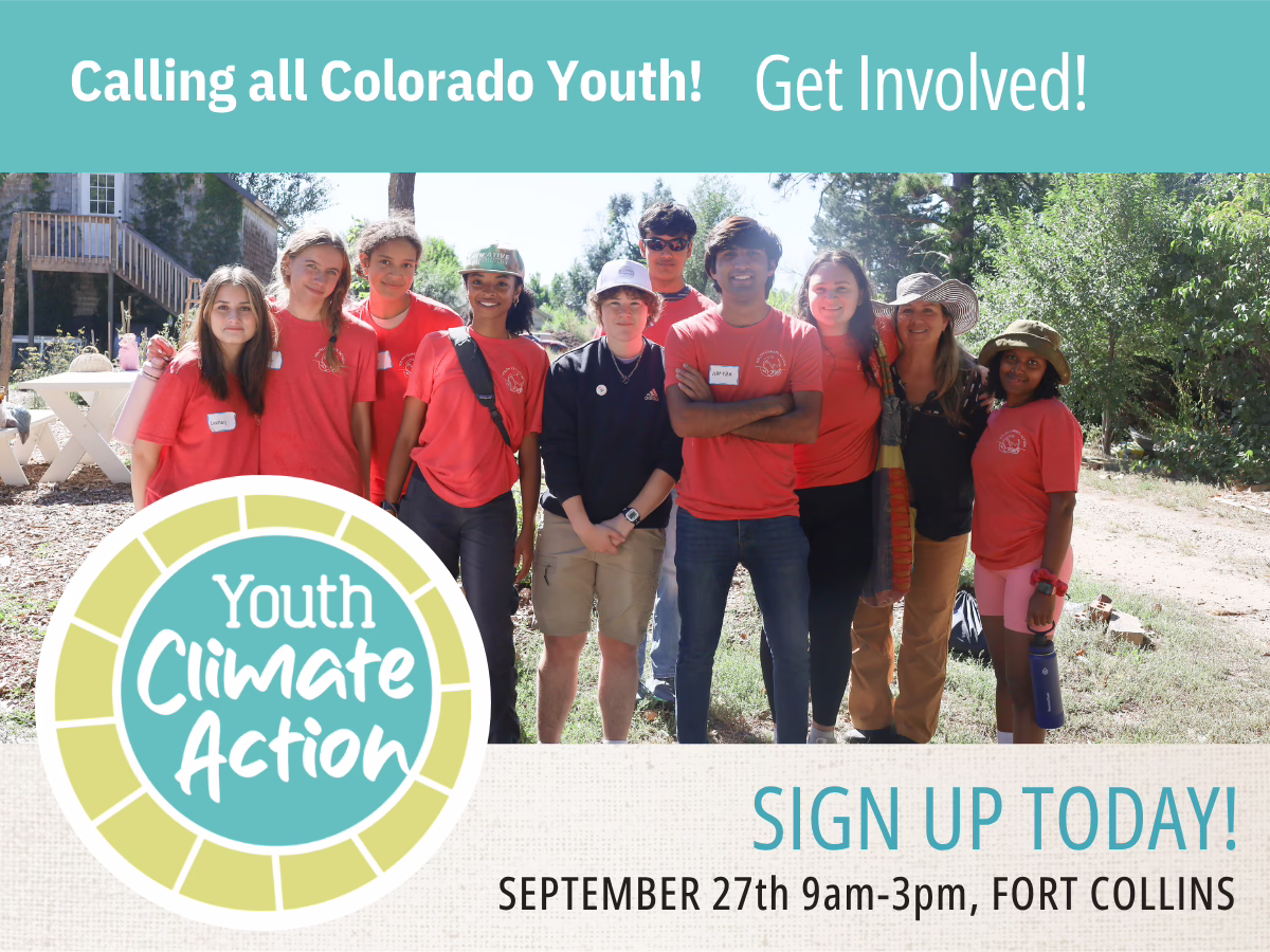 A group of diverse youth and adults, some in matching red shirts, stand together outdoors, smiling for the camera. Text invites Colorado youth to join a climate action event on September 27th in Fort Collins.