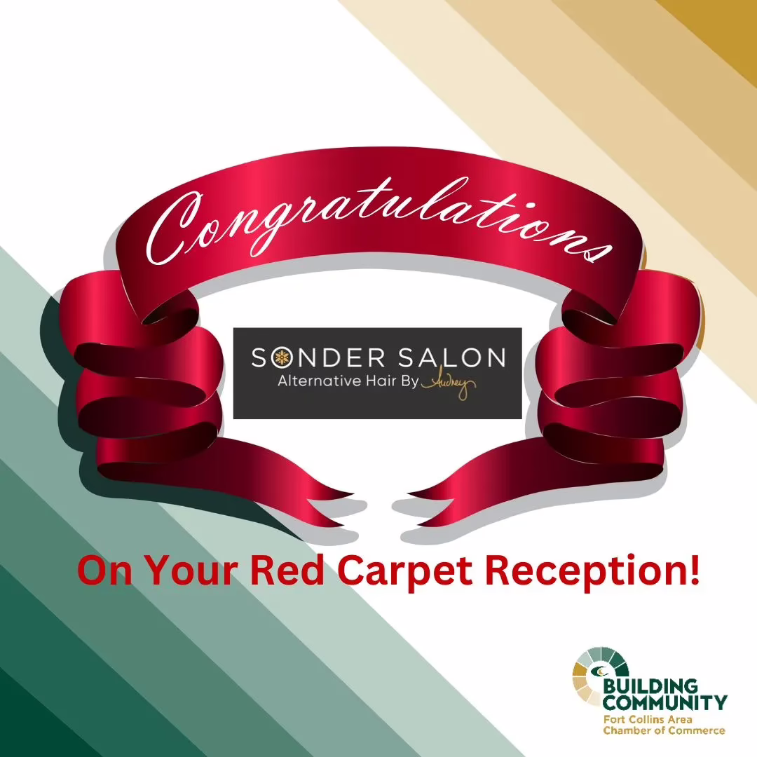 A red ribbon banner with "Congratulations" above the Sonder Salon logo. Text below says "On Your Red Carpet Reception!" Chamber of Commerce Building Community logo in the bottom right corner. Green and gold diagonal background.